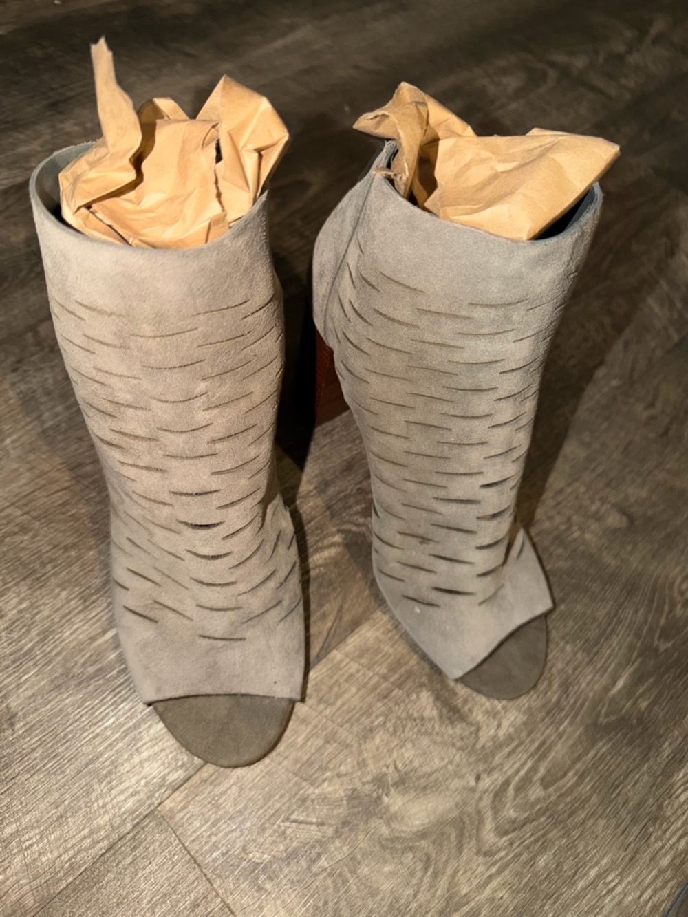 1. State Taupe Suede Laser-Cut Peep-Toe Booties NWOT